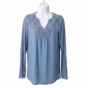 Boden Meadowsweet Chambray Notch Neck Linen Trim Top in blue Sz US 4